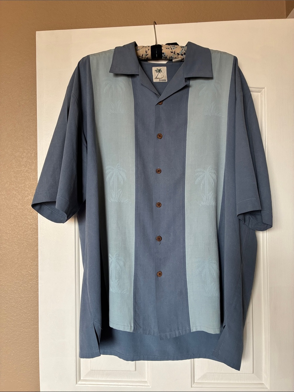 Men's Silk XXL Blue Two-Tone Camp Shirt with Palm Motif